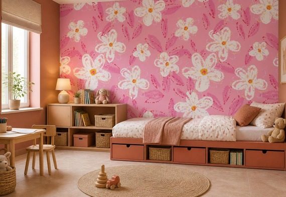 Rozowa-sciana-z-bialymi-kwiatami-i-subtelnymi-rozowymi-liscmi-fototapety-fototapety-do-pokoju-dziecka-1551298784-f4u