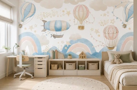 Rytmiczne-zestawienie-balonow-i-tecz-w-harmonijnym-ukladzie-sciennym-fototapety-fototapety-do-pokoju-dziecka-511543304-f4u