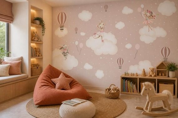 Cieple-swiatlo-wieczoru-nad-motywem-balonow-i-chmurek-fototapety-fototapety-do-pokoju-dziecka-492813146-f4u